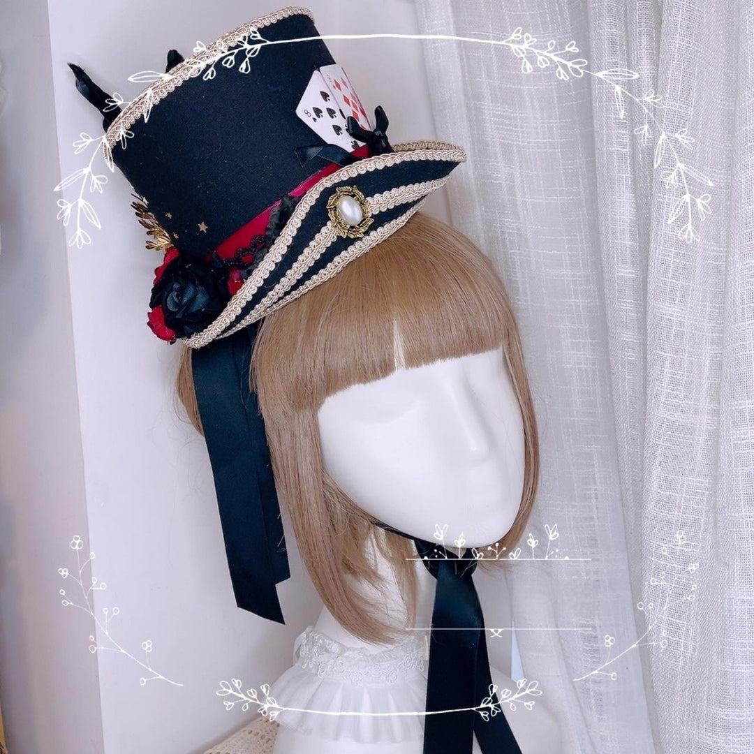 (BFM)Cat Box ~Gothic Lolita Black Hat Feather Poker Gentleman Hat Black  