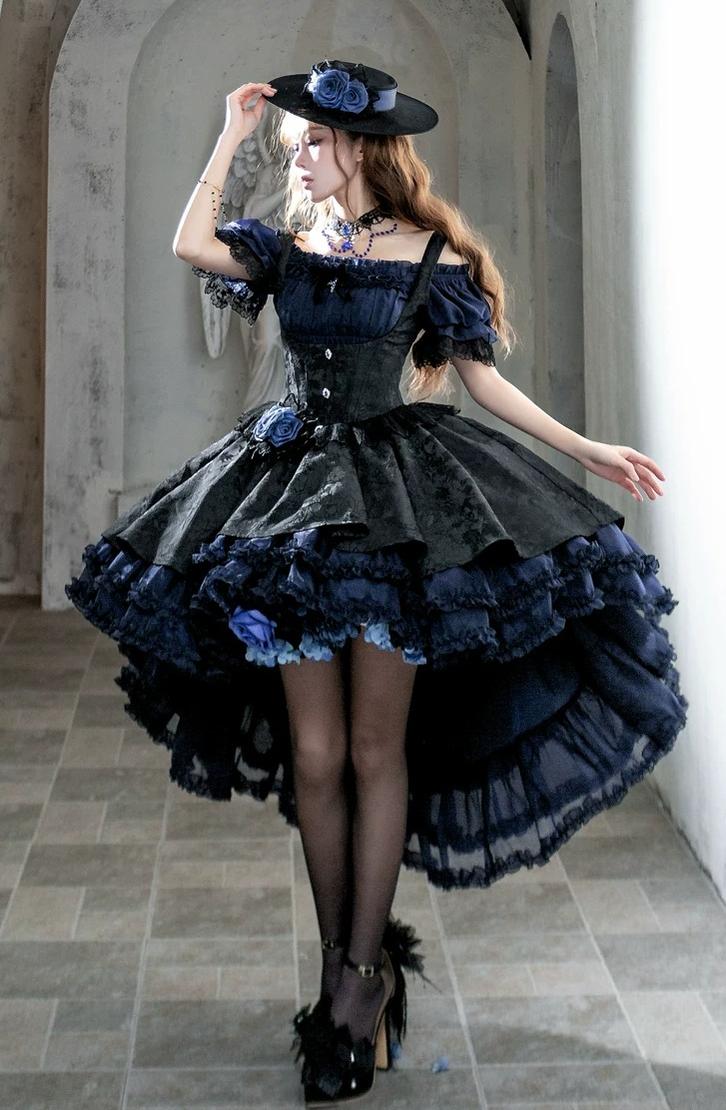 Rose Banquet - Gothic Lolita Boned Bust-supporting JSK Dress, High-low Hem 45815:863738