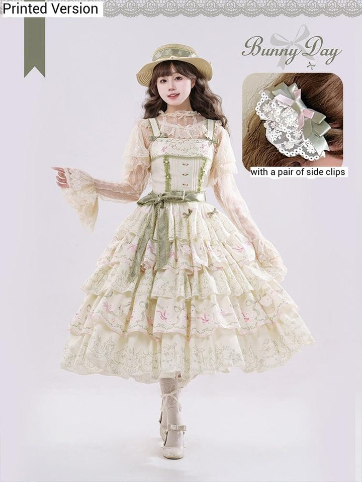 Mewroco~Daily Bunny~Classic Lolita JSK Dress with Bunny Prints Printed JSK + Side Clips (set of two) S