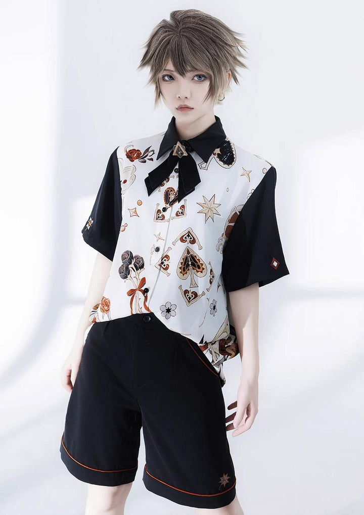 Princess Chronicles~Floral Intoxication~Retro Ouji Lolita Shirt Floral Short Sleeve Shirt and Embroidered Black Shorts   