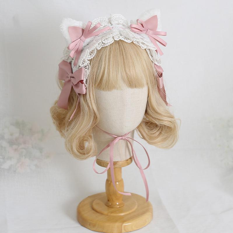 Xiaogui~Sweet and Lovely Lolita Cat Ear Bow Headband korea pink cat ear hairband  