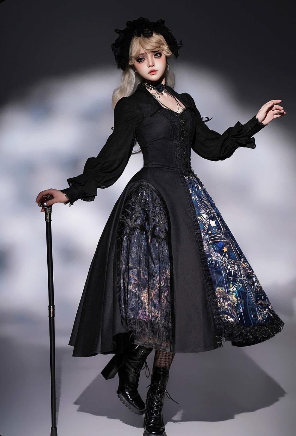 Susin Lolita - Night Traveler - Gothic Lolita Skirt Outfit Long Coat Shirt and Bustier Set