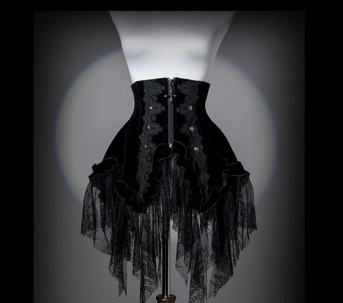 Bone Garden - Black Gothic Lolita Corset, Irregular Lace Hem (2X L M S XL XS) 46040:873124