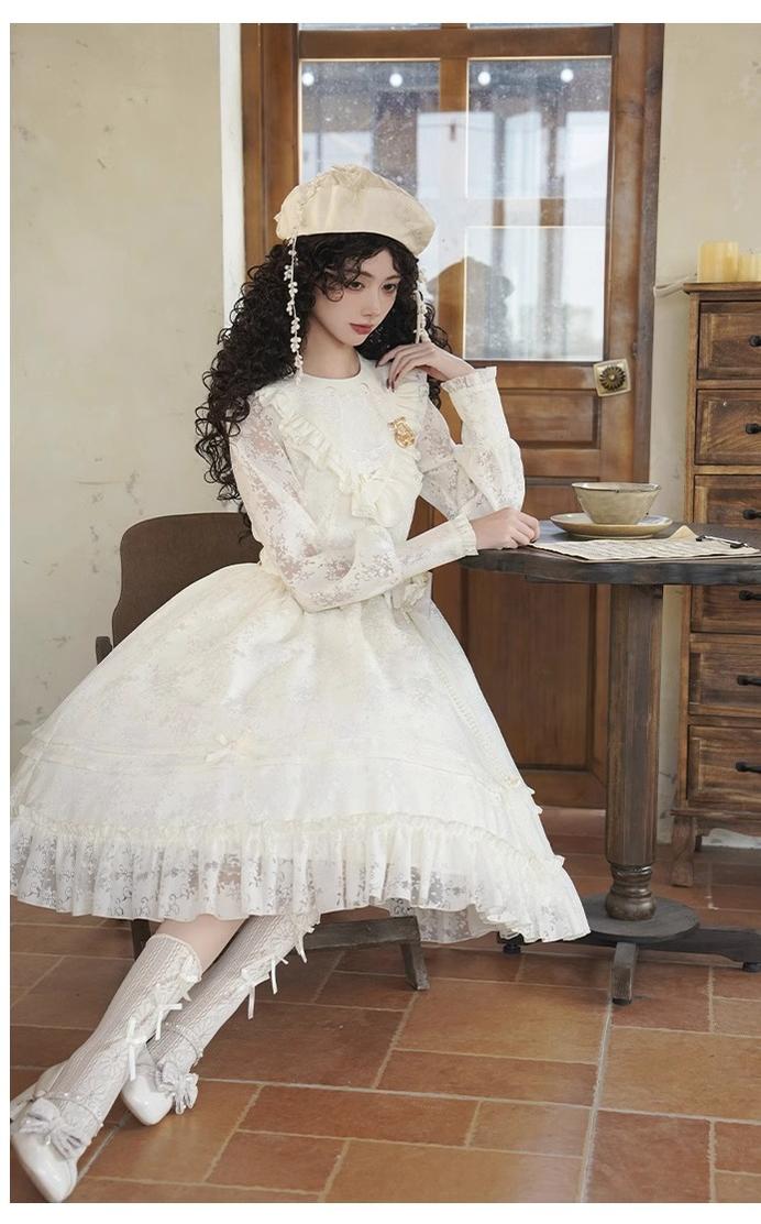 With PUJI~Floral Melody~Ivory Classic Lolita Long Sleeve OP Dress with Layered Bolero