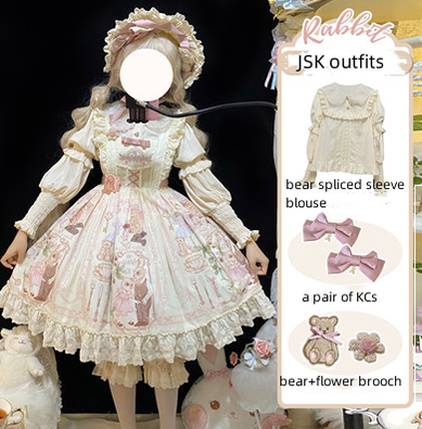 3 Puppets~Rabbit Kingdom~Sweet Lolita JSK and OP Suit S JSK+bear embroidery pattern splicing sleeve blouse+KC+brooch 