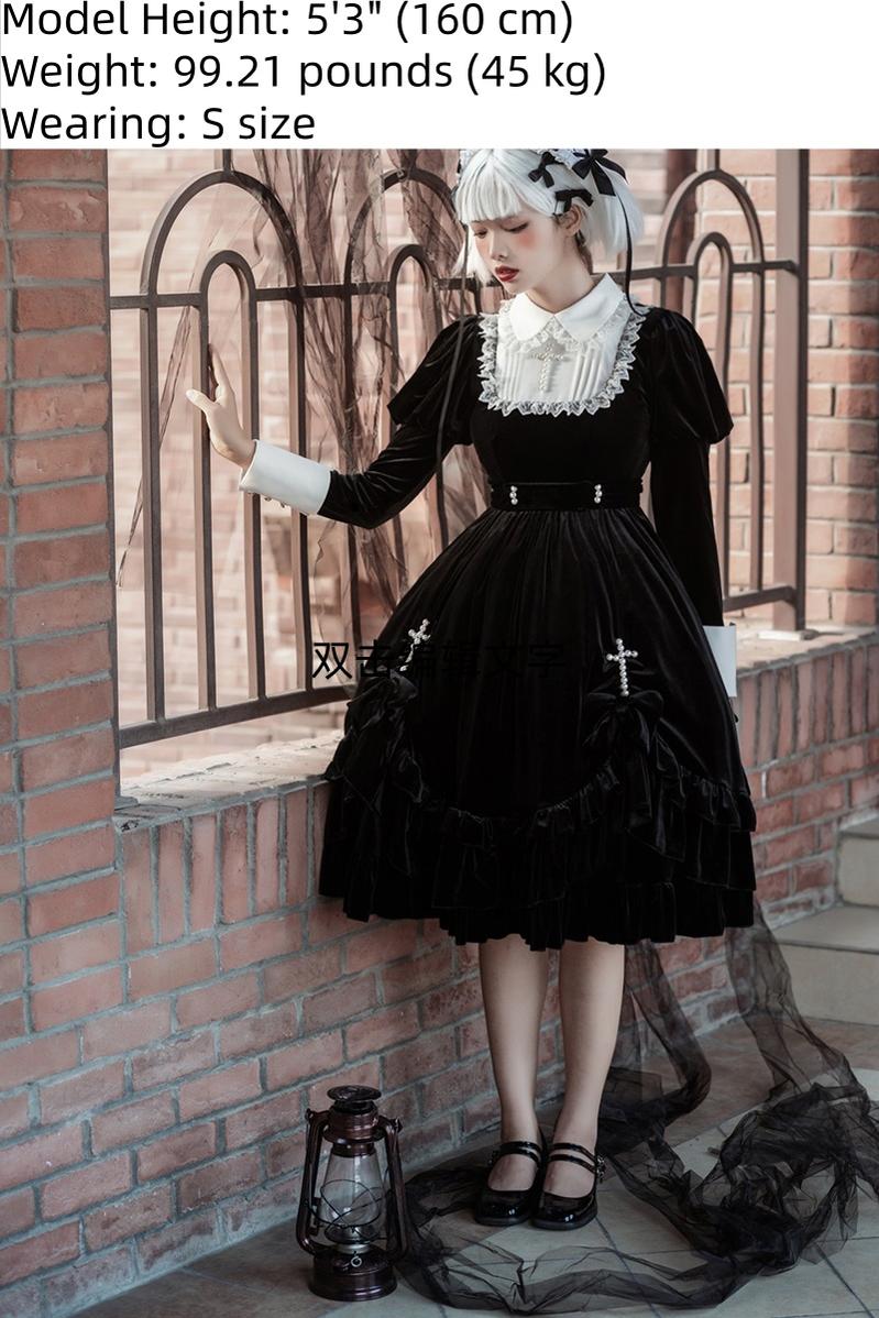 Your Princess - Gothic Lolita Velvet Maid OP Dress, Pearl Cross Accents 44047:794501
