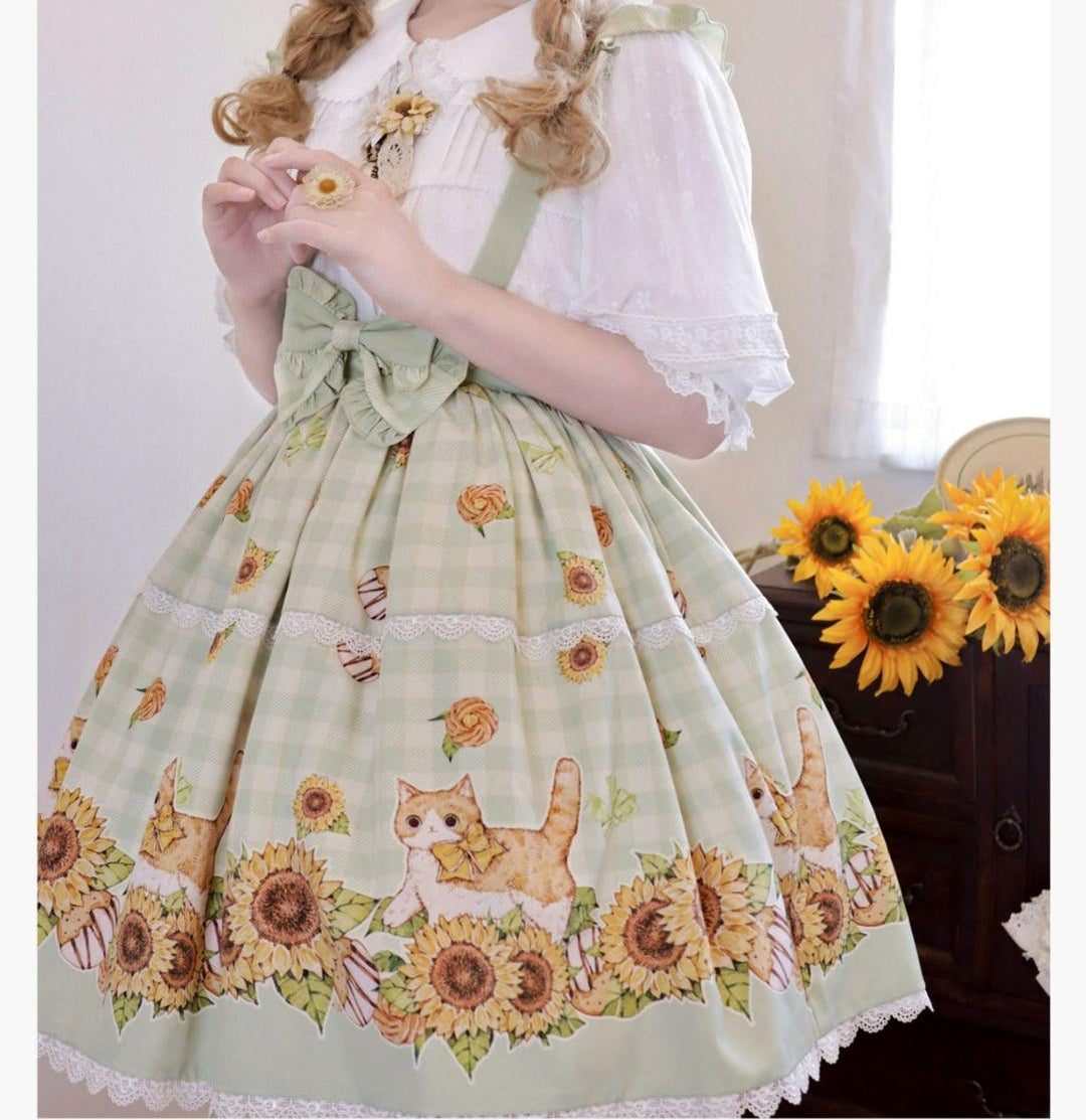 Chaton Jardin~Sunny Cat~Sweet Lolita Suspenders SK Sunflower Print Lolita Skirt   