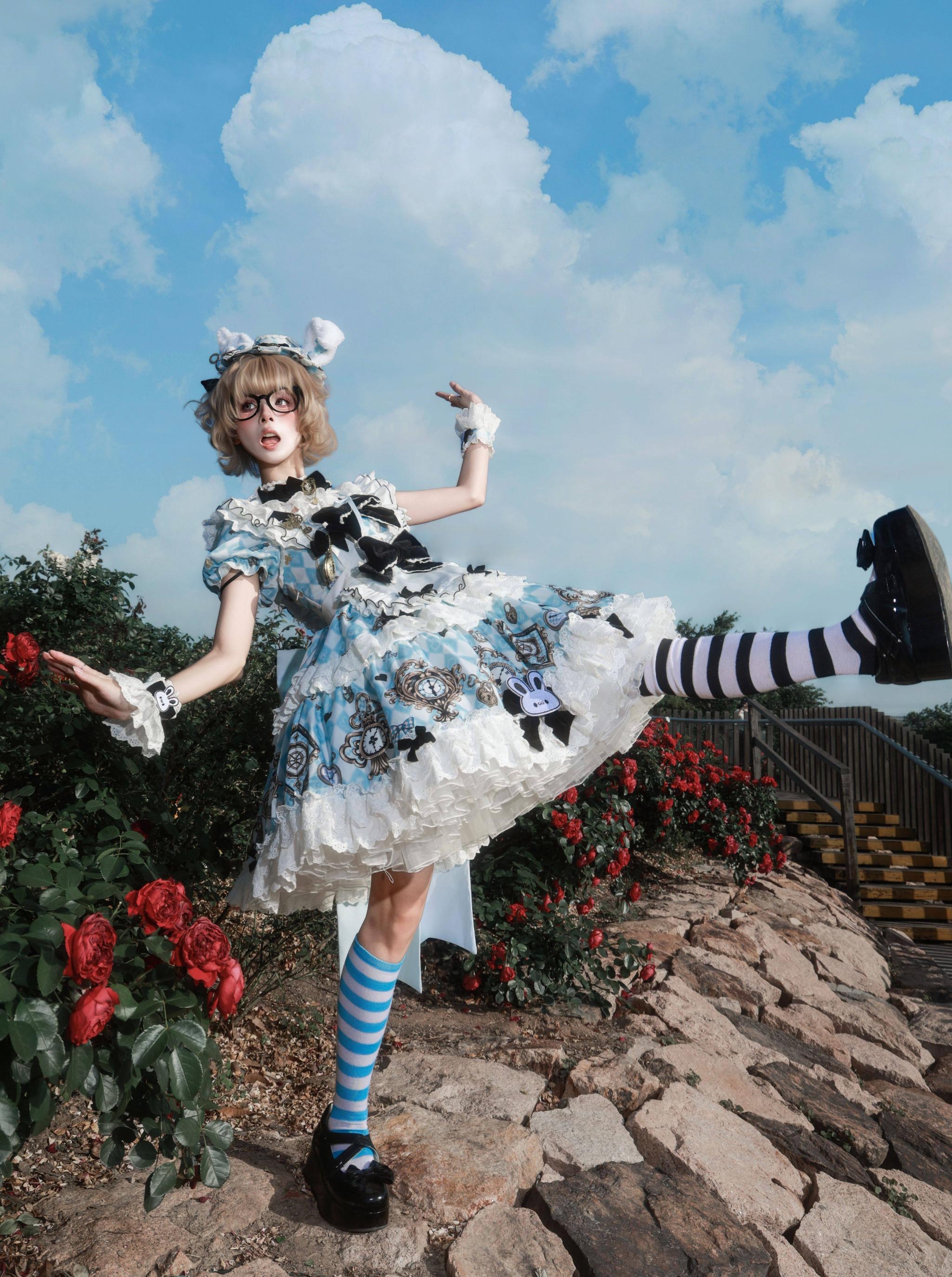 Unnamed Journey - Sweet Lolita Argyle Printed OP Dress with Bunny Details 45510:850429