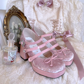 Pure Tea For Dream~Vintage Lolita Velvet Bow High-heel Shoes   