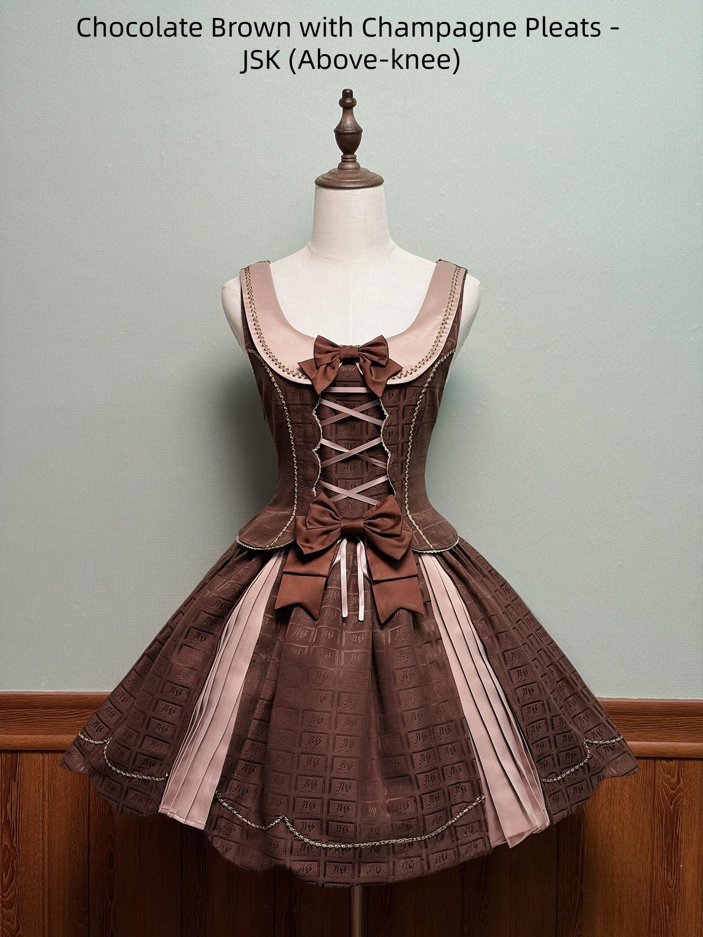 Alice Girl - Bear Chocolate Slab - Classic Lolita Pleated JSK & SK Dress, Side Zipper Chocolate Brown with Champagne Pleats - JSK (Above-knee) XS