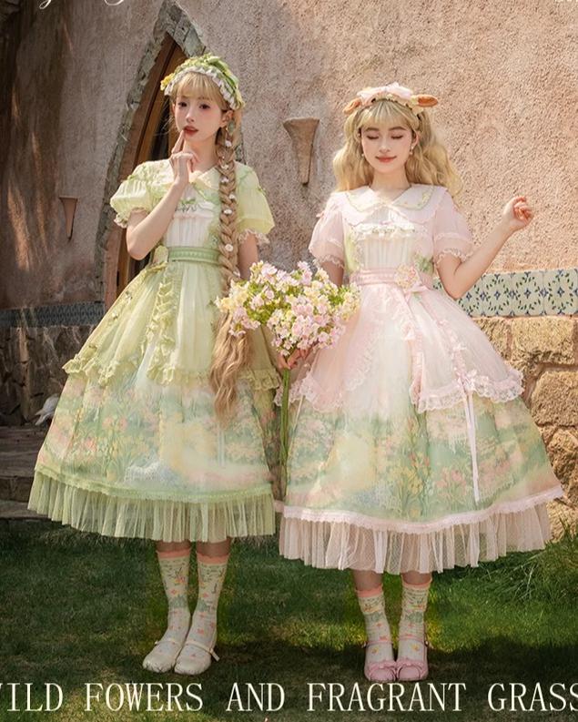 Flower and Pearl Box~Wild Flowers and Fragrant Grass~Country Lolita Dress Floral Print JSK and OP Dress Set