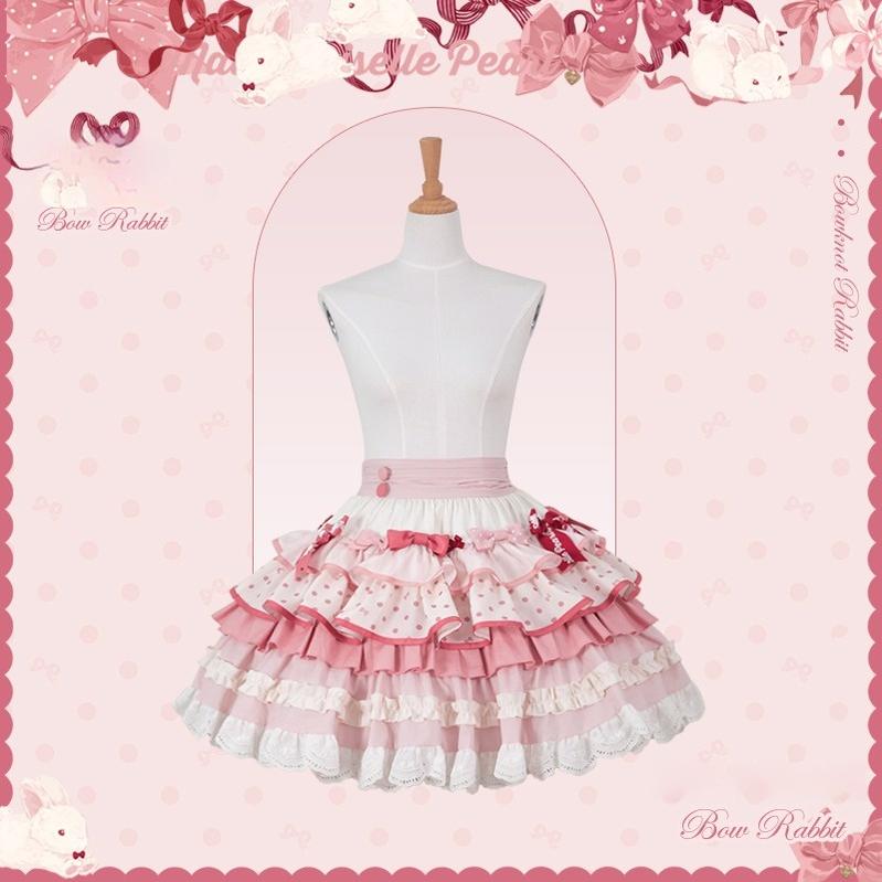 Mademoiselle Pearl~Bow Bunny~IP Collab Sweet Lolita OP Dress Bow JSK OP XS Tiered Skirt (Short) 