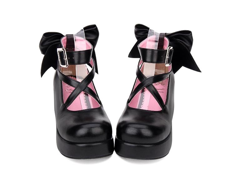 Angelic Imprint - Daily Lolita Leather Shoes Platform Medium Heel Big Bow Shoe 33 Black
