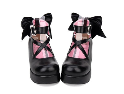 Angelic Imprint~Daily Lolita Leather Shoes Platform Medium Heel Big Bow Shoe 33 Black 