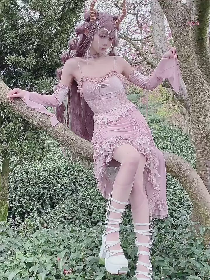Blood Supply~Sakura Nightmare~Pink Gothic Velvet Drawstring Dress
