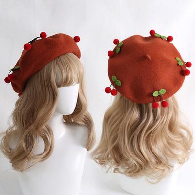Xiaogui~Cherry Round Red Lolita Beret Multicolors M（56-58cm） red cherry+light brown beret 