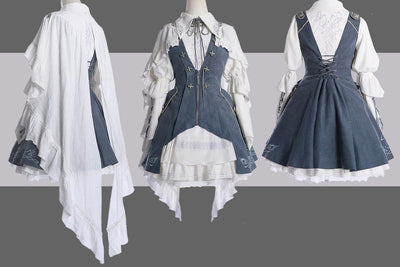 (Buy for me) Wuyuzhe~Tale Bringer's DRAGOON~Gothic Lolita Short Version Full Set free size white*gray-blue FULLSET 