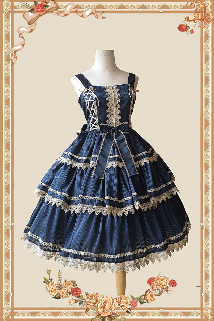 Infanta~Cake Tree~Classic Lolita JSK Dress Tiered Lace Dress S navy blue-gold JSK 