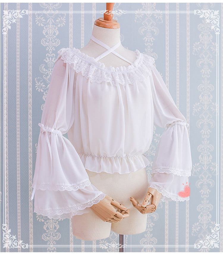 Eieyomi~Kawaii Lolita Blouse Long Sleeve Halter Neckline Chiffon Blouse   