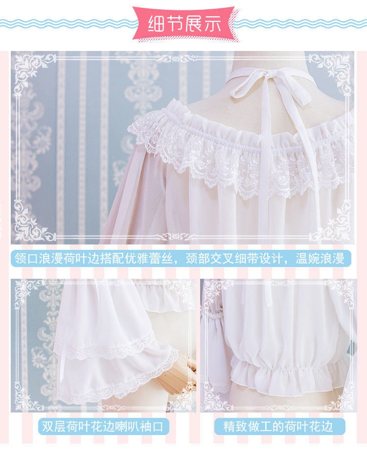 Eieyomi~Kawaii Lolita Blouse Long Sleeve Halter Neckline Chiffon Blouse   