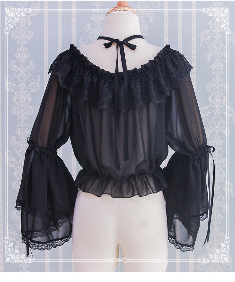 Eieyomi~Kawaii Lolita Blouse Long Sleeve Halter Neckline Chiffon Blouse   