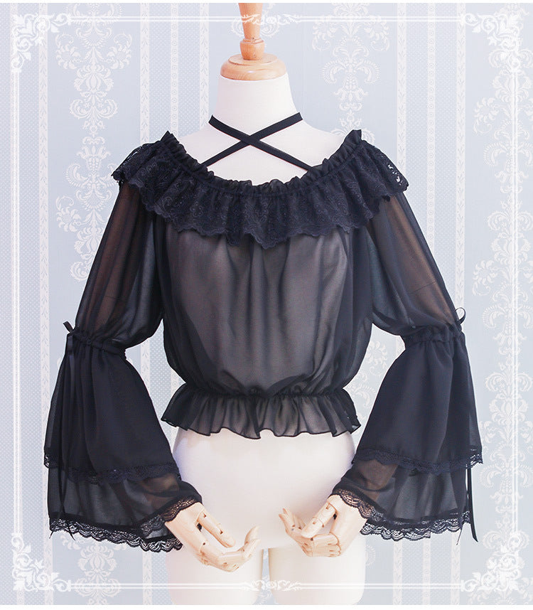 Eieyomi - Kawaii Lolita Blouse Long Sleeve Halter Neckline Chiffon Blouse One Size black