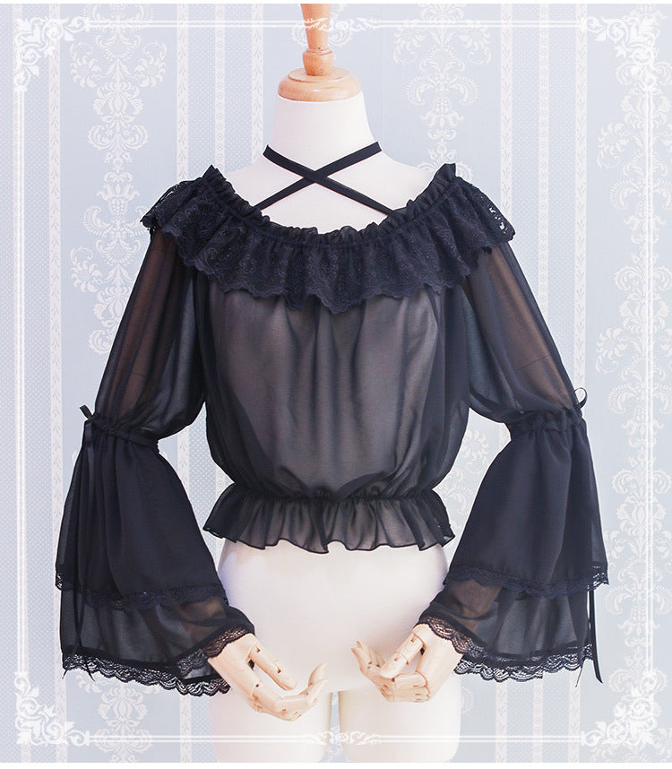 Eieyomi~Kawaii Lolita Blouse Long Sleeve Halter Neckline Chiffon Blouse free size black 
