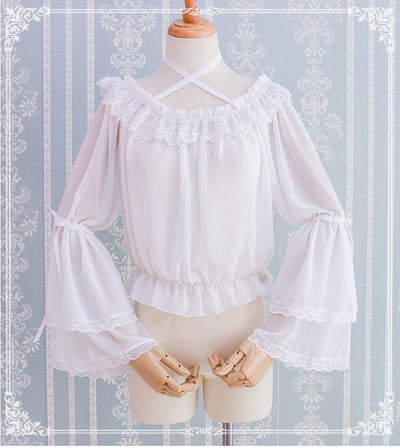 Eieyomi~Kawaii Lolita Blouse Long Sleeve Halter Neckline Chiffon Blouse free size white 
