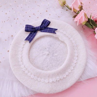 Xiaogui~Sweet and Lovely Daisy Bowknot Woolen Beret navy blue grid bow+cream white beret+clips  