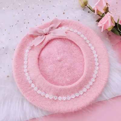 Xiaogui~Sweet and Lovely Daisy Bowknot Woolen Beret pink bow+pink beret+clips  