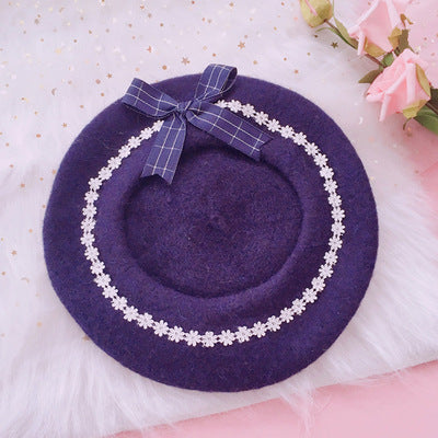 Xiaogui~Sweet and Lovely Daisy Bowknot Woolen Beret navy blue grid bow+navy blue beret+clips  
