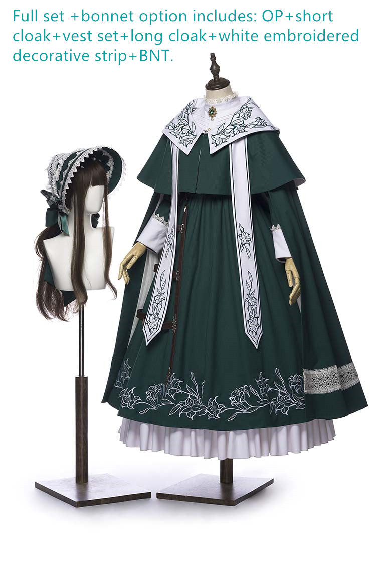 Youpairui~Lobnya~Gothic Nun Lolita Green OP Dress Set S Full set +bonnet 