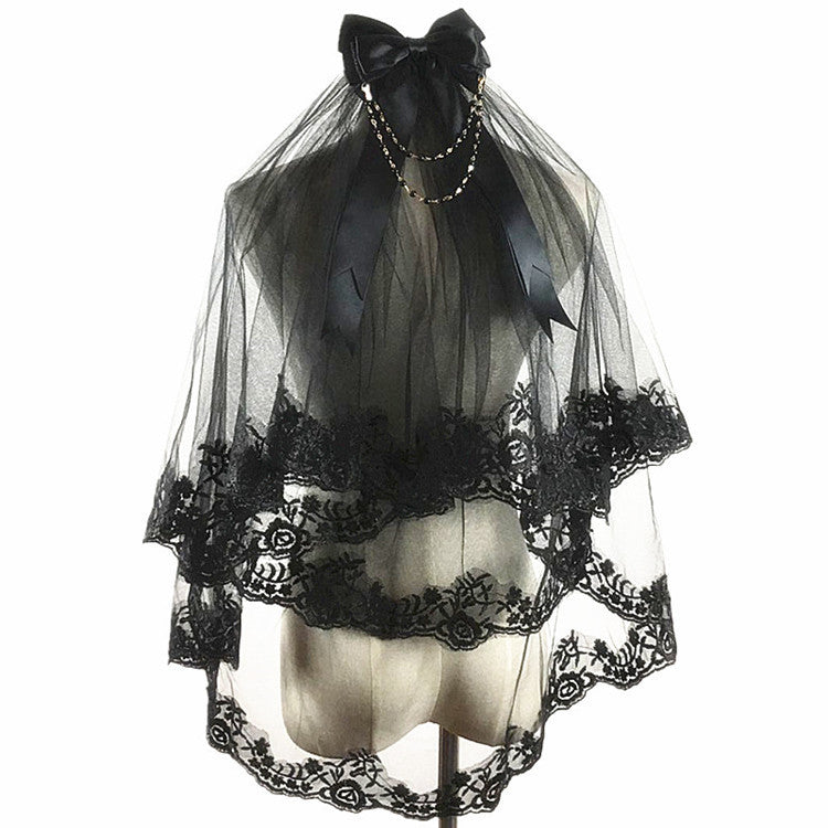 Xuwen Alice - Gothic Retro Lace Double Layers Lolita Veil Black 23.6"-31.5" (60-80 cm)