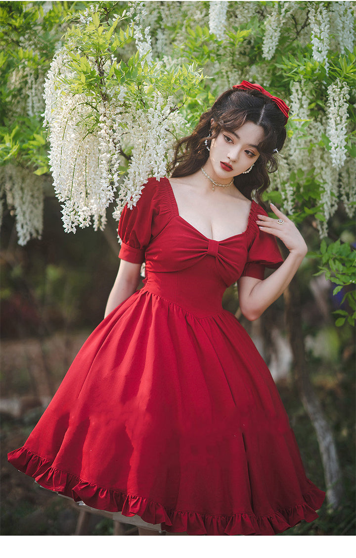 Beleganty~Miss Rebecca~Pure Color Elegant Lolita OP Dress S matte true red-short version 