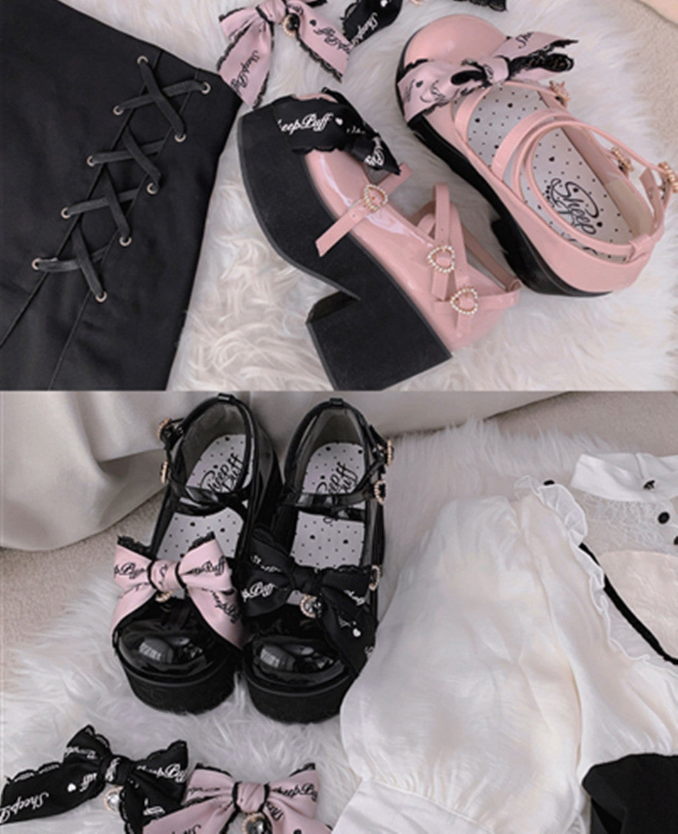 Sheep Puff~Black Pink Japanese Lolita Thick Heel Shoes