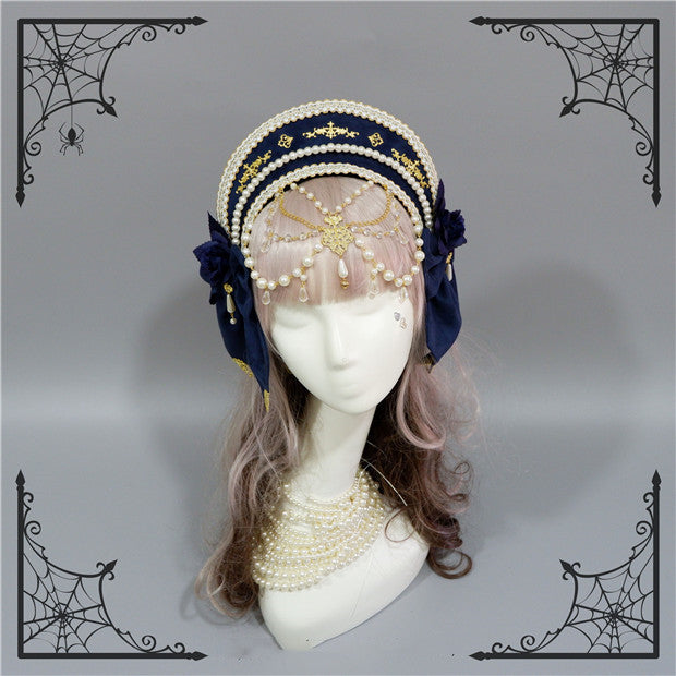 Fox Cherry-Lolita Palace Retro Gorgeous Flowers Headdress dark blue