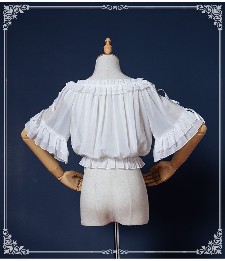 Eieyomi~Sweet Lolita Blouse Chiffon Round Neck Flounce Sleeve Shirt   