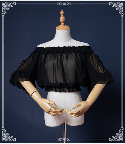 Eieyomi~Sweet Lolita Blouse Chiffon Round Neck Flounce Sleeve Shirt free size black 
