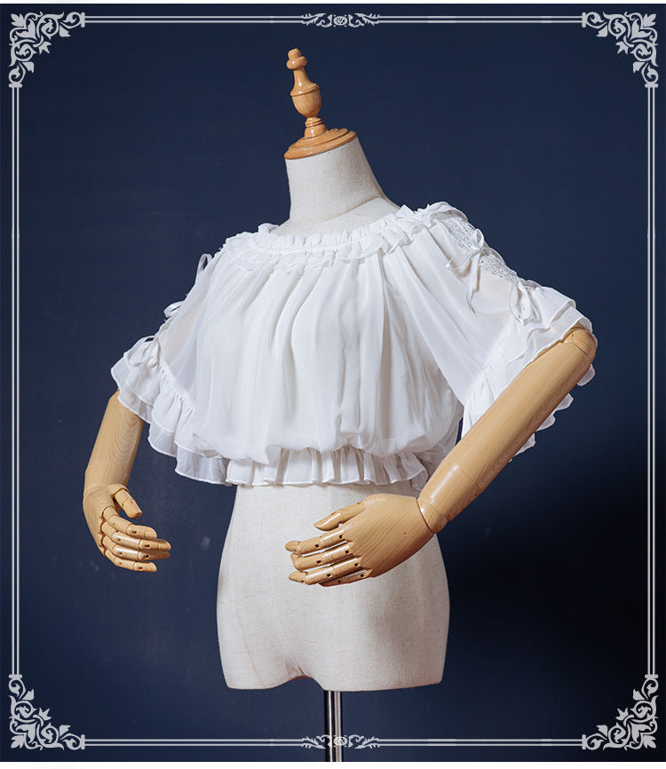 Eieyomi - Sweet Lolita Blouse Chiffon Round Neck Flounce Sleeve Shirt One Size white