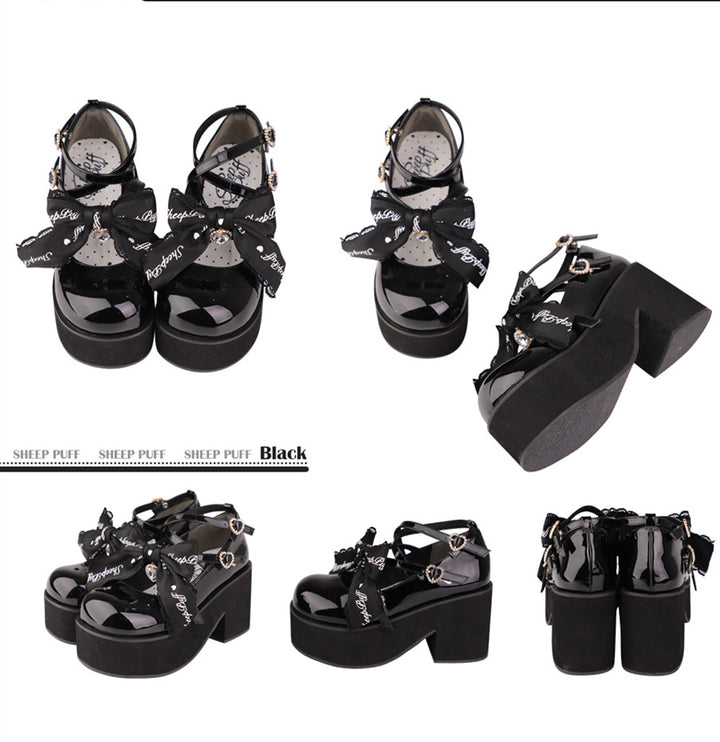 Sheep Puff~Black Pink Japanese Lolita Thick Heel Shoes   