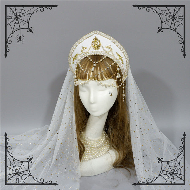 Foxcherry - Retro Lolita Gorgeous Bead Chain Headdress Multicolors white veil (not sold separately)