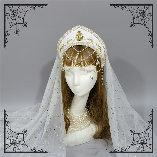 Foxcherry~Retro Lolita Gorgeous Bead Chain Headdress Multicolors white veil  