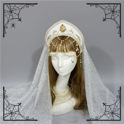 Foxcherry-Palace Retro Gorgeous Bead Chain Headdress Multicolors free size white veil 