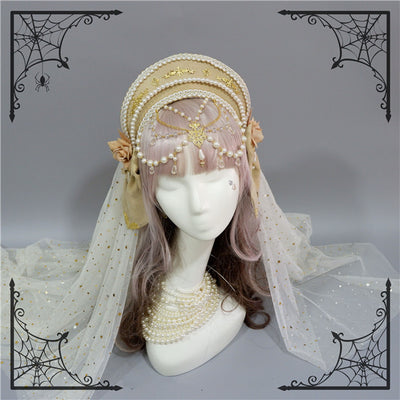 Fox Cherry-Lolita Palace Retro Gorgeous Flowers Headdress free size beige veil 