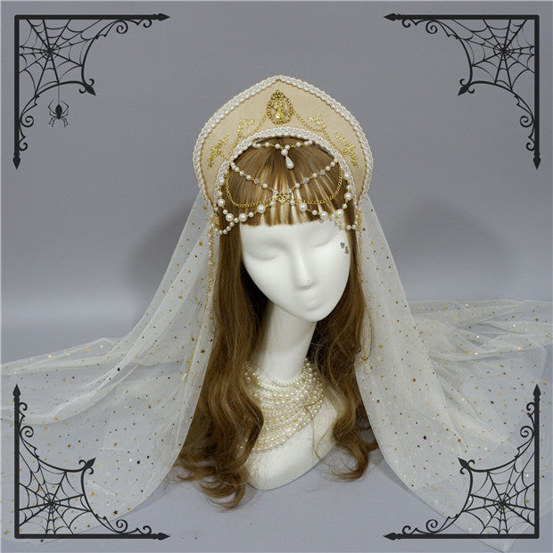 Foxcherry~Retro Lolita Gorgeous Bead Chain Headdress Multicolors beige veil  