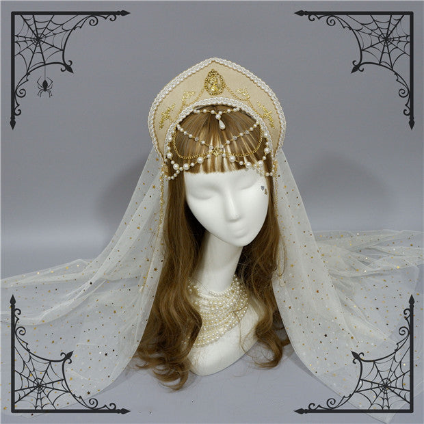 Foxcherry - Retro Lolita Gorgeous Bead Chain Headdress Multicolors beige veil (not sold separately)