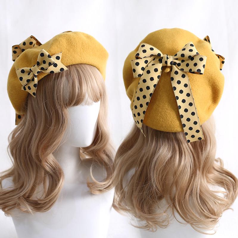 Xiaogui~Sweet Lolita Red Polka Dots Bow Beret Hat M（56-58cm） ginger yellow 