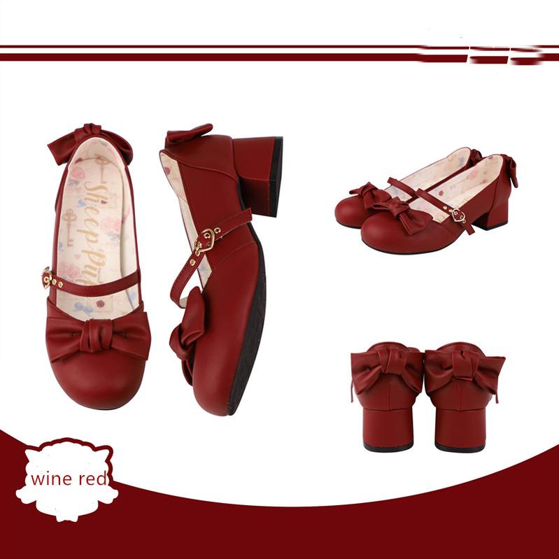 Sheep Puff~Elegant Lolita Bownot Retro High Heel Shoes 34 wine red matte PU 
