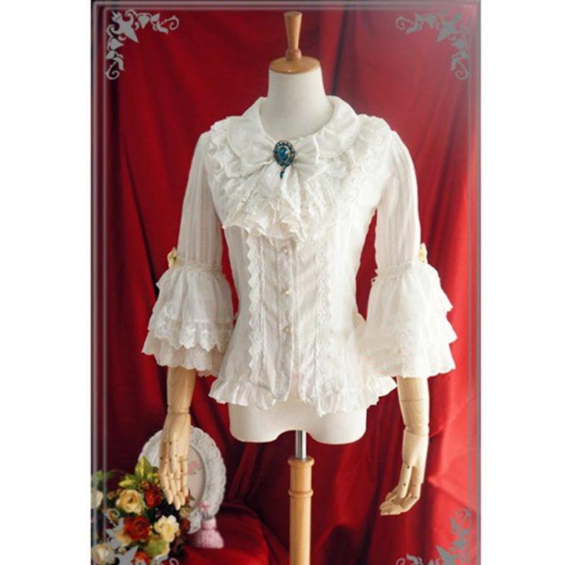 Strawberry Witch - Flower Wedding White Dark Blue Blouse S white (brooch on the collar is random sent)