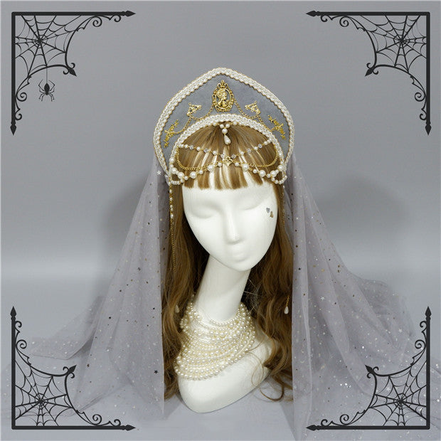 Foxcherry~Retro Lolita Gorgeous Bead Chain Headdress Multicolors gray veil  